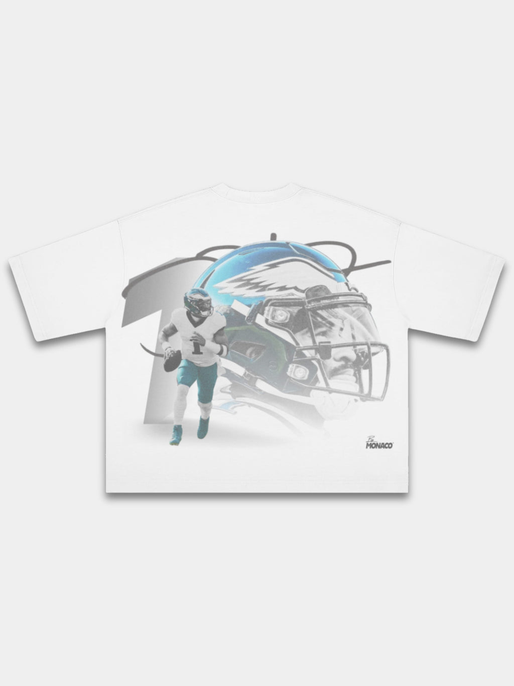 White Monaco No. 1 Flight boxy tee, back print with winged helmet and quarterback in motion.