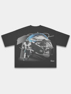Black No. 1 Flight tee by Monaco, back view showing helmet print detail and drop-shoulder fit.