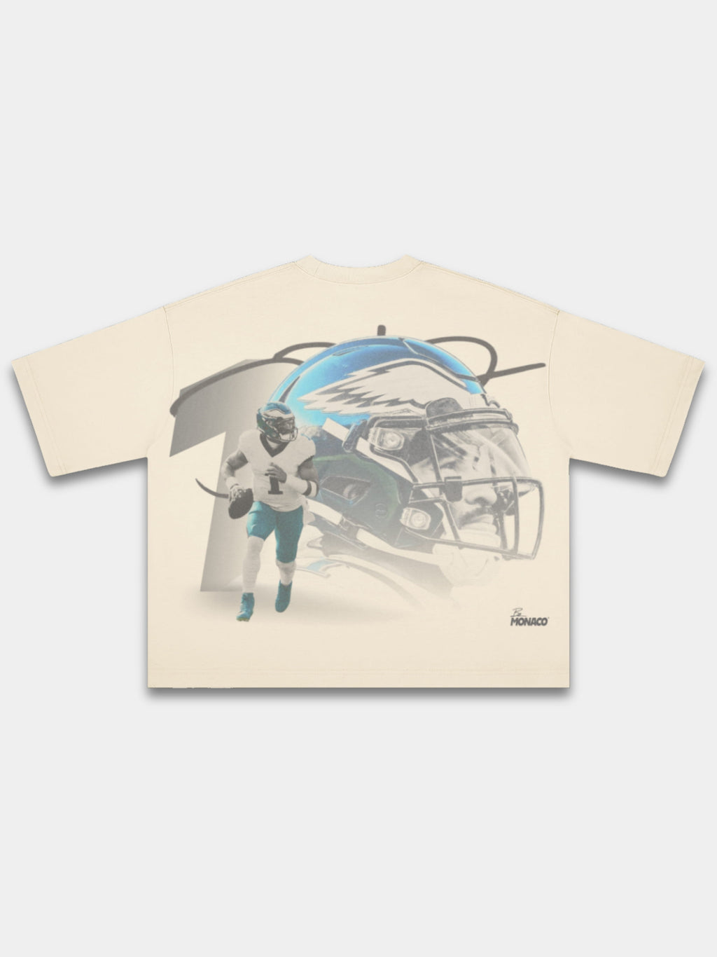 Monaco No. 1 Flight heavyweight boxy tee in ivory, back graphic with winged helmet and No. 1.