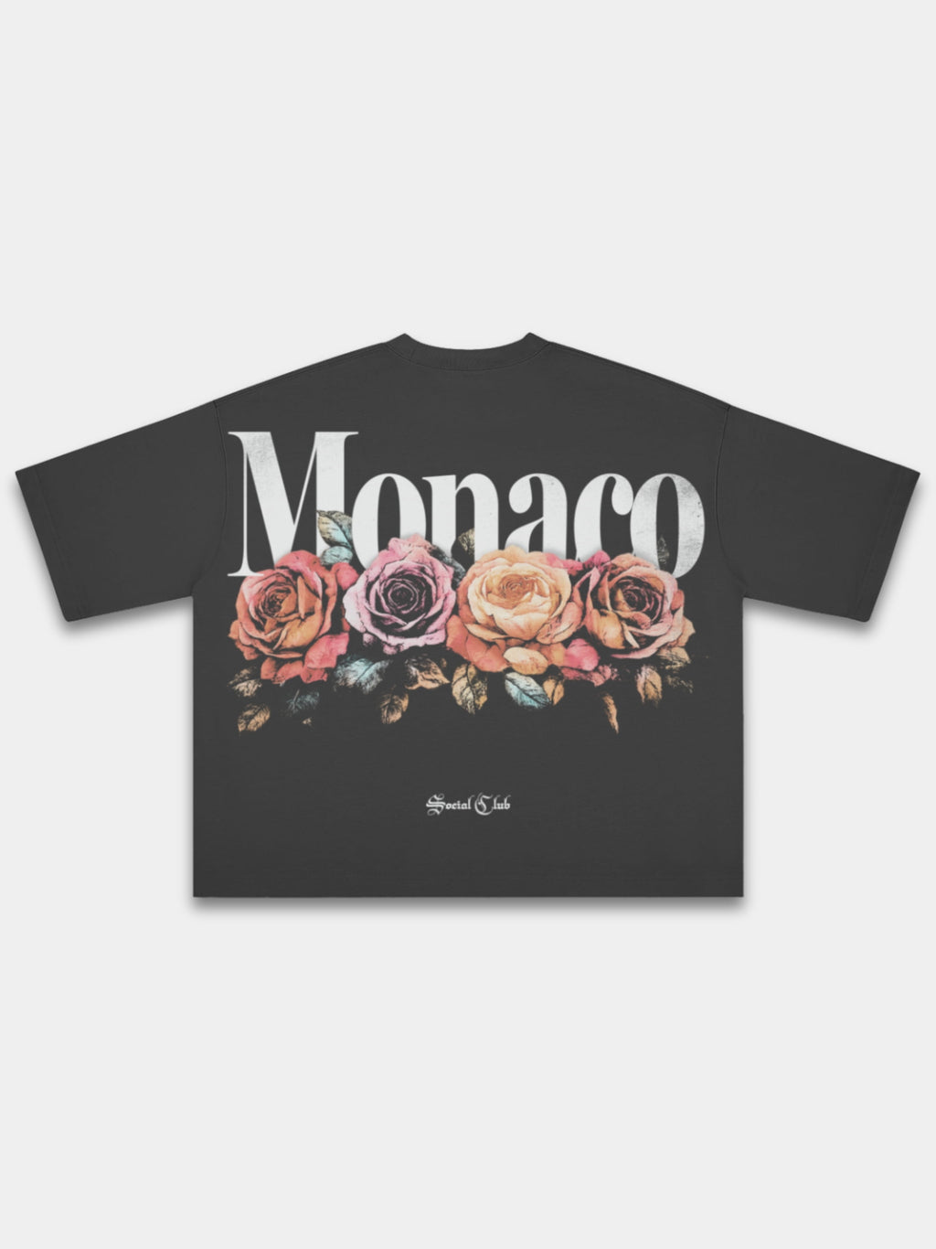 Black Bloom heavyweight boxy tee, back view with rose bouquet print and Social Club script.