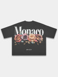 Black Bloom heavyweight boxy tee, back view with rose bouquet print and Social Club script.
