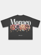 Black Bloom heavyweight boxy tee, back view with rose bouquet print and Social Club script.