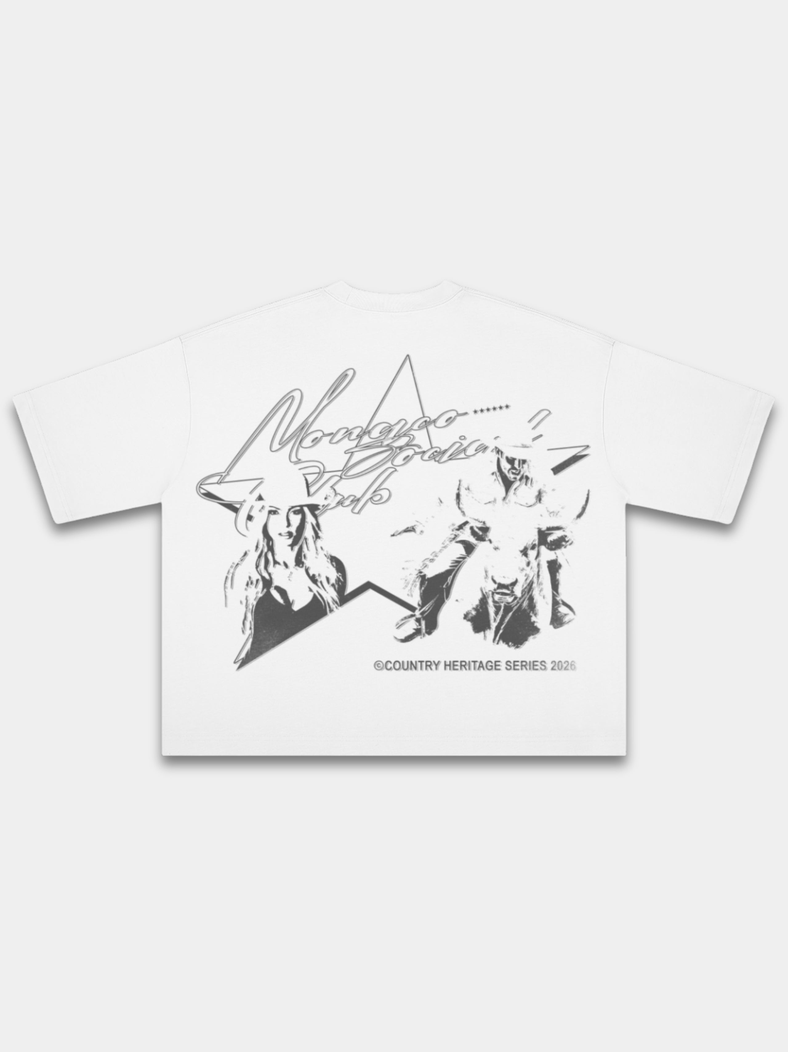 The Rodeo Heavyweight Boxy Tee in White with cowgirl and bull rider western graphic — Monaco Social Club Country Heritage Series streetwear
