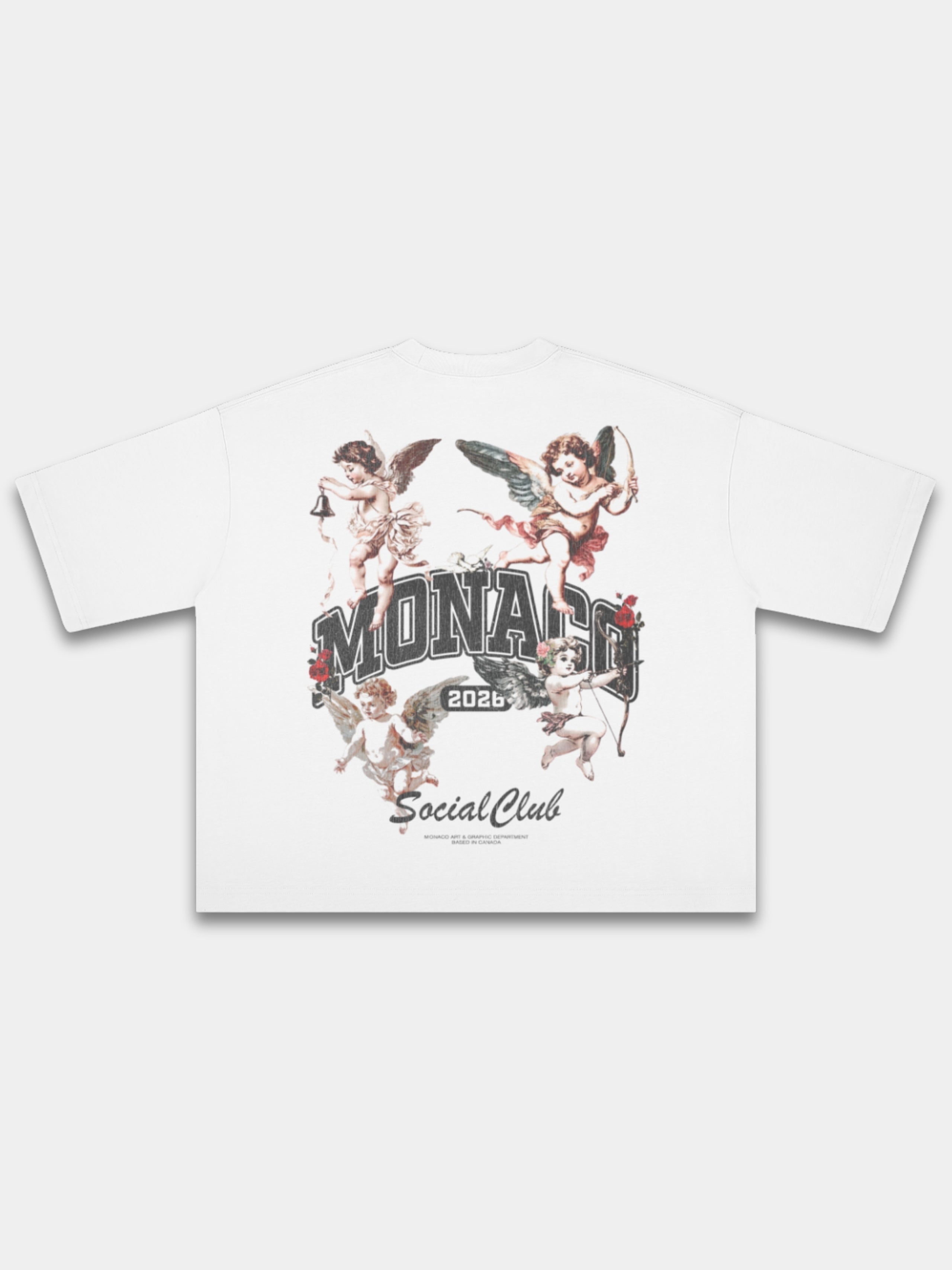 The Renaissance Heavyweight Boxy Tee in White with full-color Renaissance cherub and roses graphic — Monaco Social Club streetwear