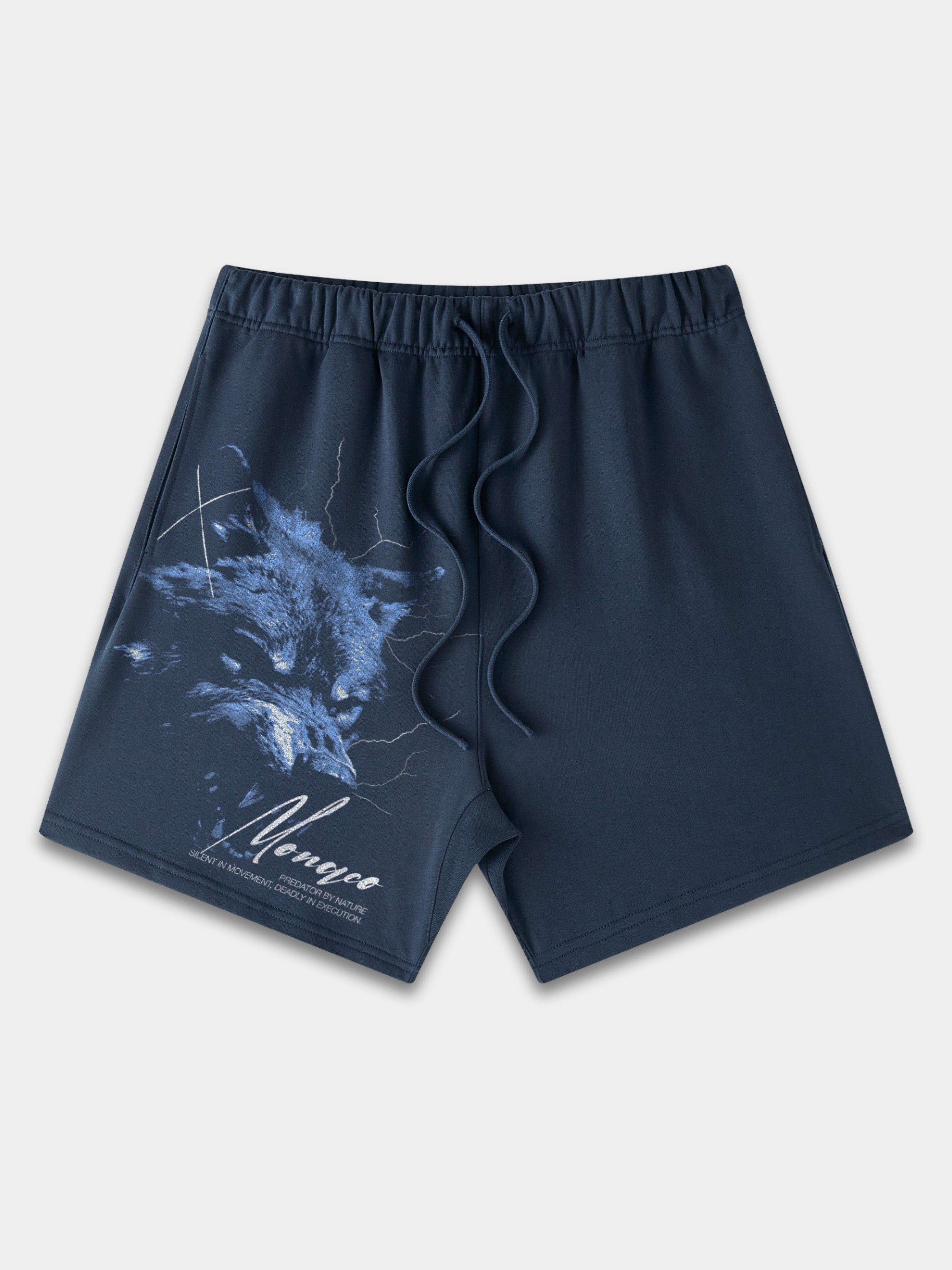 The Predator Heavyweight Sweatshorts with wolf lightning graphic and Monaco script — Monaco Social Club streetwear