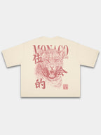 Monaco Primal Instinct ivory heavyweight boxy tee, back view with tonal red leopard graphic.