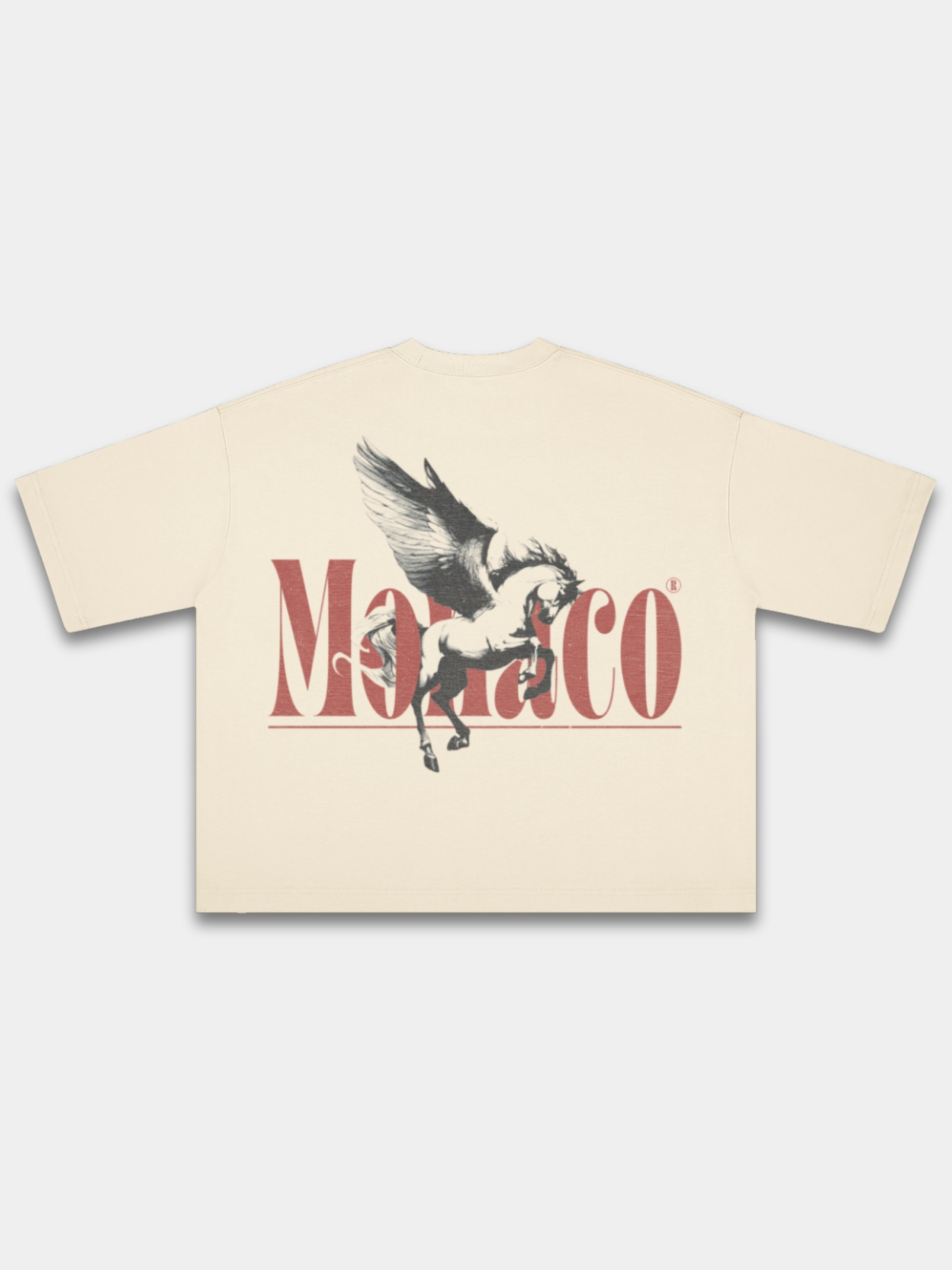 The Pegasus Heavyweight Boxy Tee in Cream with winged horse and red Monaco serif wordmark graphic — Monaco Social Club streetwear