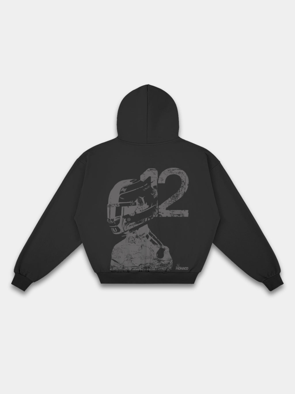 Racer No. 12 Heavyweight Full-Zip Hoodie in Faded Black with teal racing driver graphic — Monaco Social Club