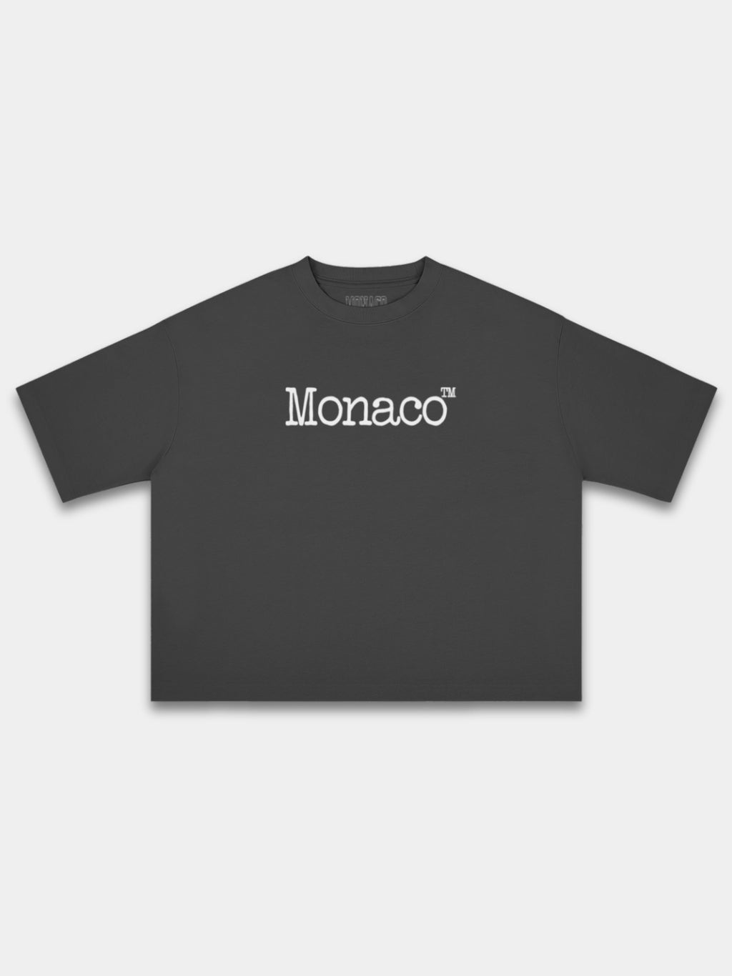 Dactylo Heavyweight Boxy Tee in Faded Black with serif Monaco trademark chest print — Monaco Social Club streetwear