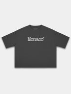 Dactylo Heavyweight Boxy Tee in Faded Black with serif Monaco trademark chest print — Monaco Social Club streetwear