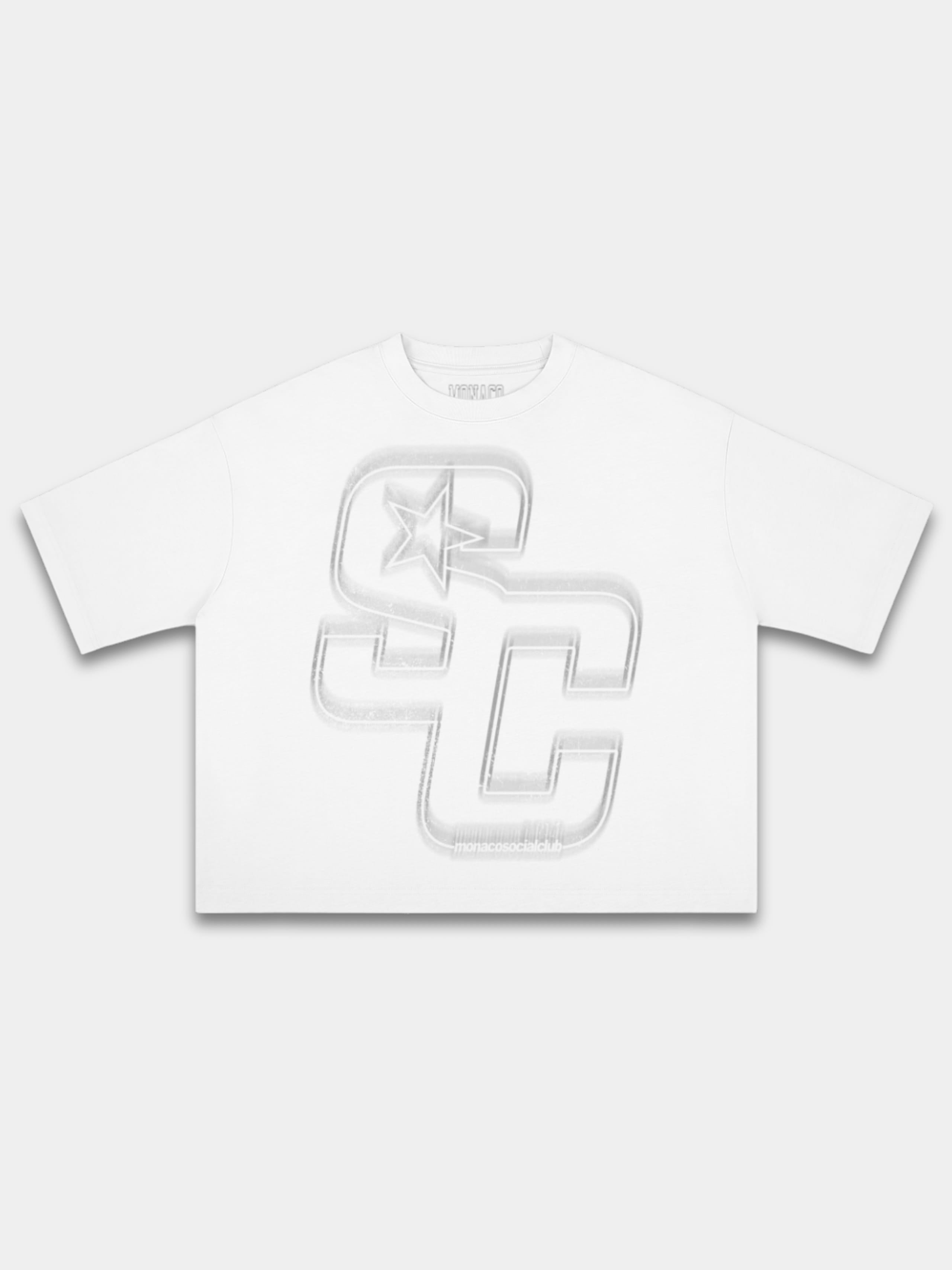 White Club boxy tee, front view with distressed SC monogram and a star.