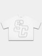 White Club boxy tee, front view with distressed SC monogram and a star.