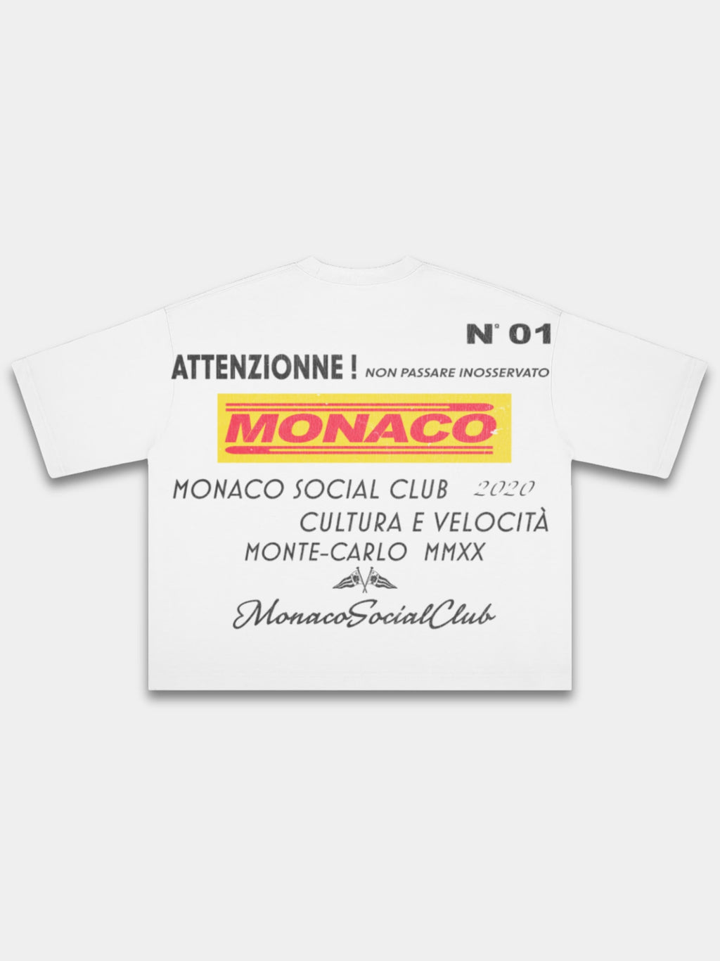 White Trackside boxy tee, back view with Monaco Social Club racing text and crossed flags.