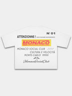 White Trackside boxy tee, back view with Monaco Social Club racing text and crossed flags.