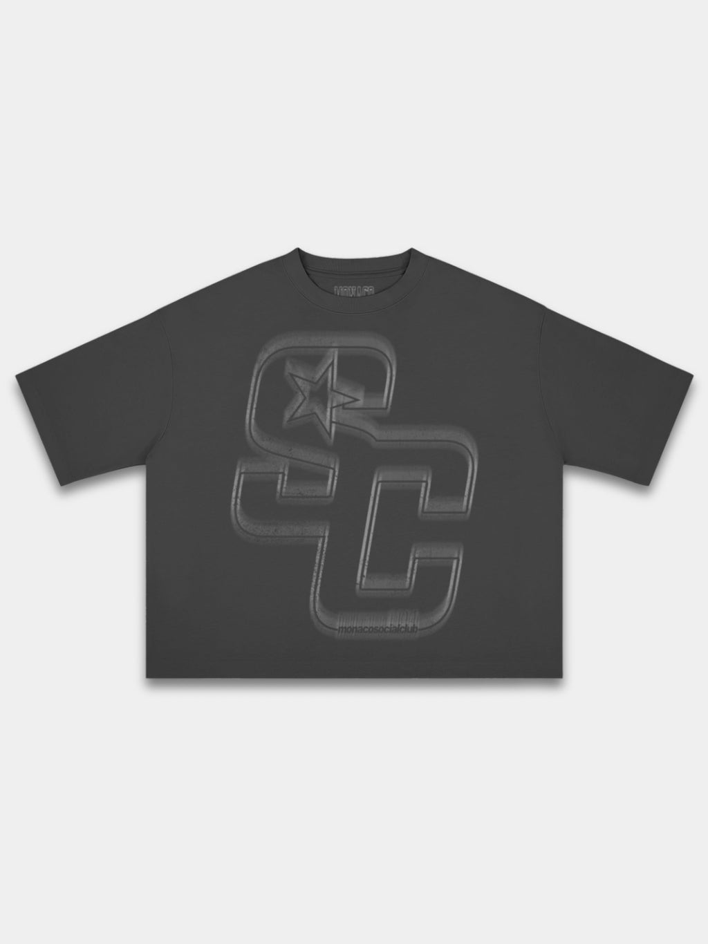 Monaco Club black heavyweight boxy tee, front view with tonal varsity SC monogram print.