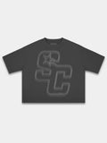 Monaco Club black heavyweight boxy tee, front view with tonal varsity SC monogram print.