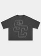 Monaco Club black heavyweight boxy tee, front view with tonal varsity SC monogram print.