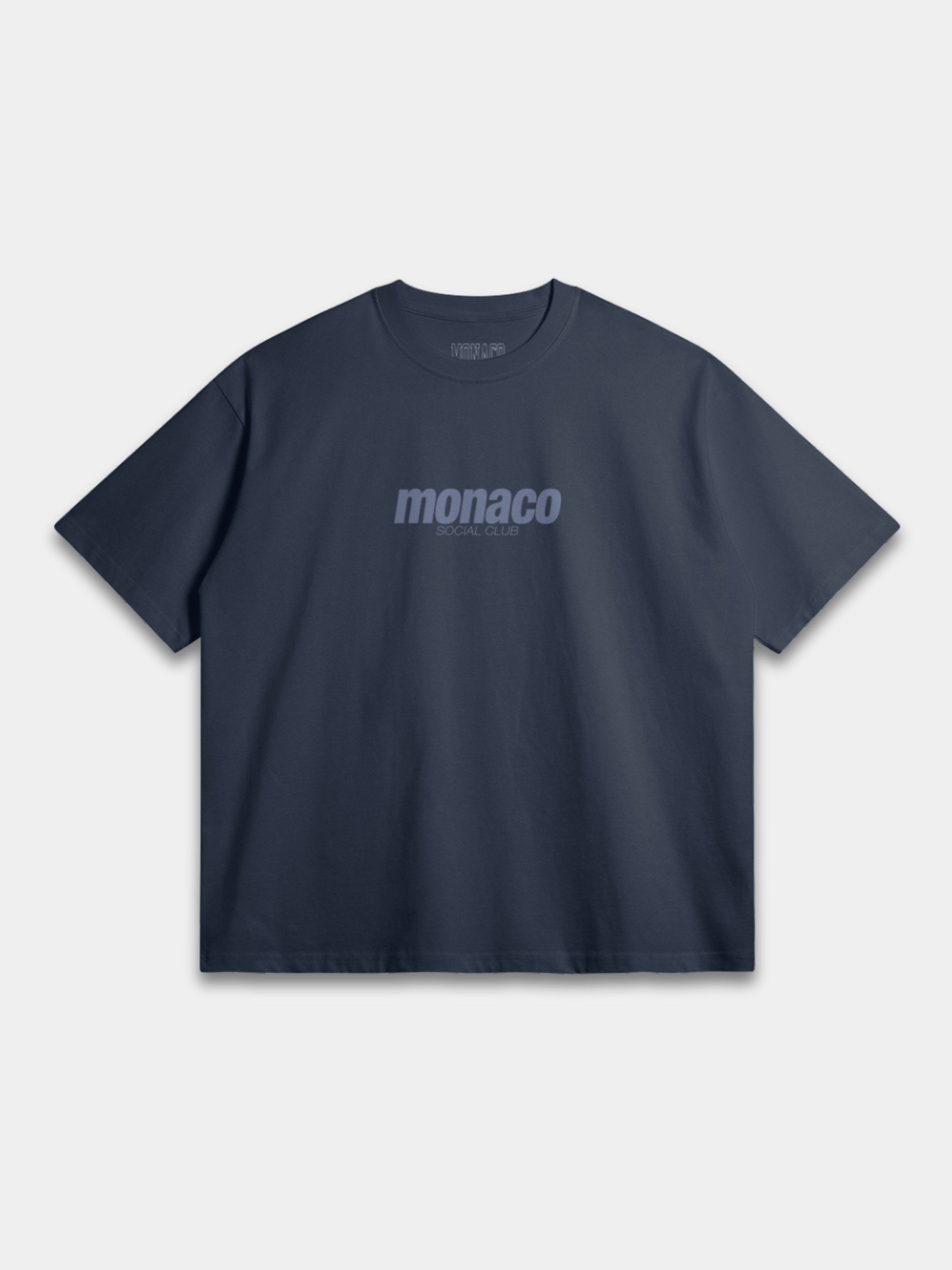 The Tonal Heavyweight Tee in Midnight Navy with tone-on-tone Monaco Social Club chest print — Monaco Social Club streetwear