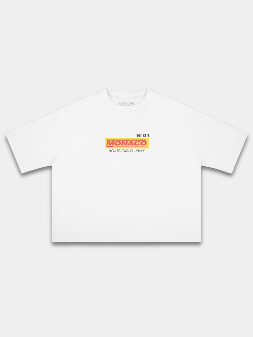 Monaco Trackside white heavyweight boxy tee, front view with racing box logo and No. 01.