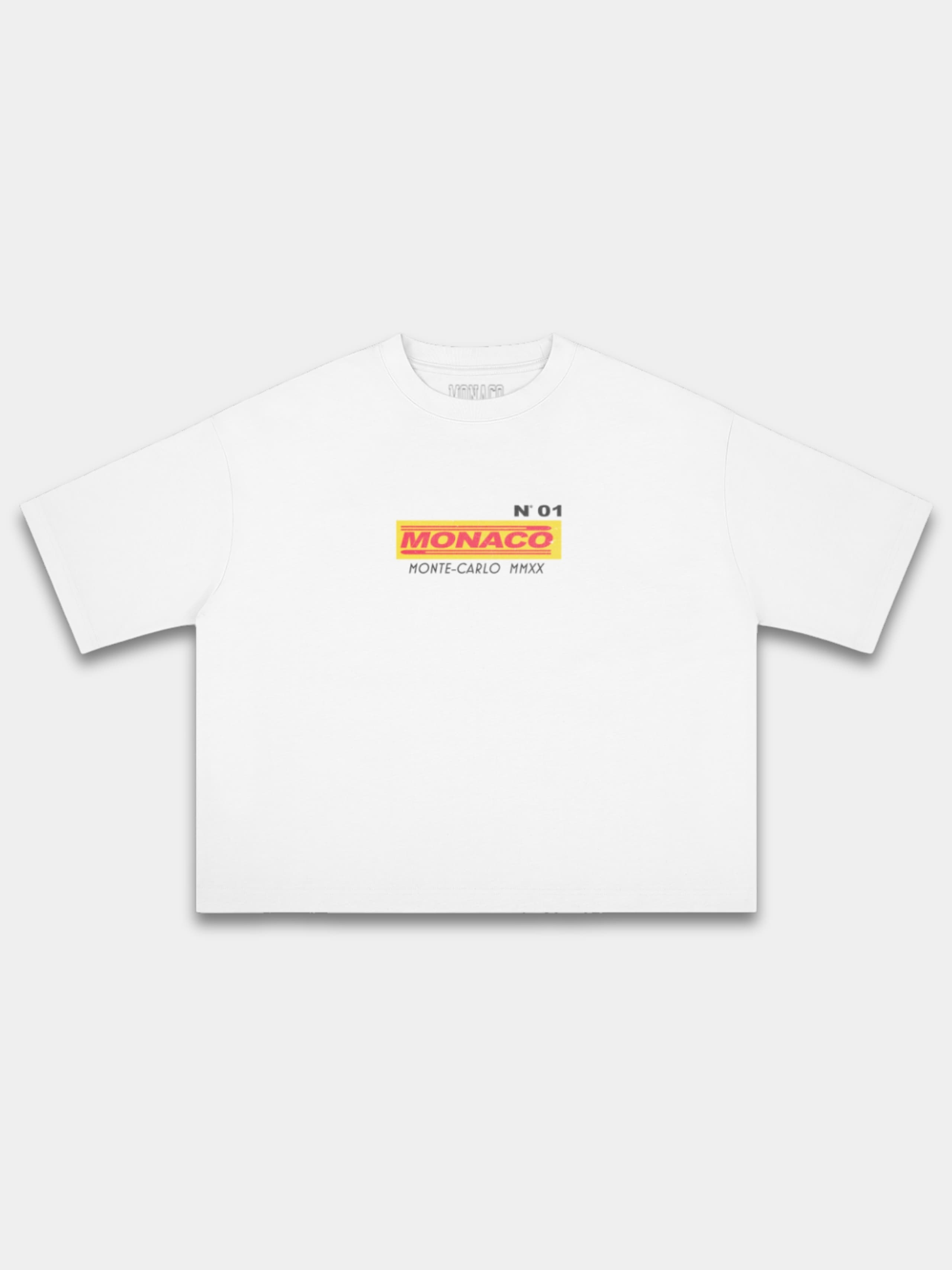 Monaco Trackside white heavyweight boxy tee, front view with racing box logo and No. 01.