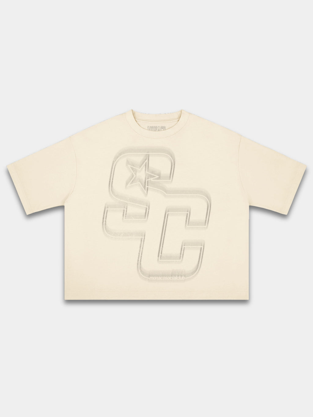 Ivory Club boxy tee by Monaco, front view with faded beige SC monogram and star graphic.