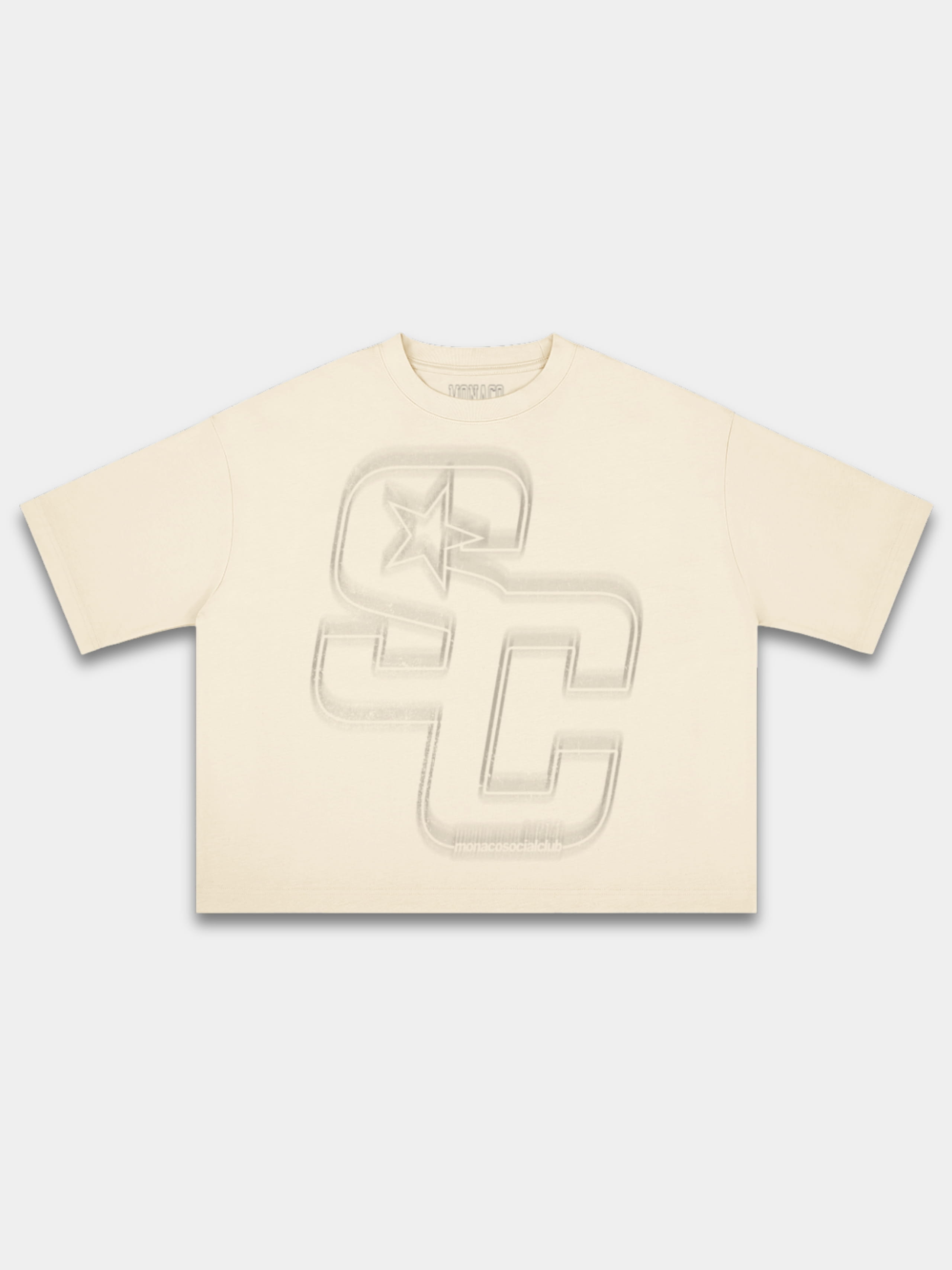 Ivory Club boxy tee by Monaco, front view with faded beige SC monogram and star graphic.