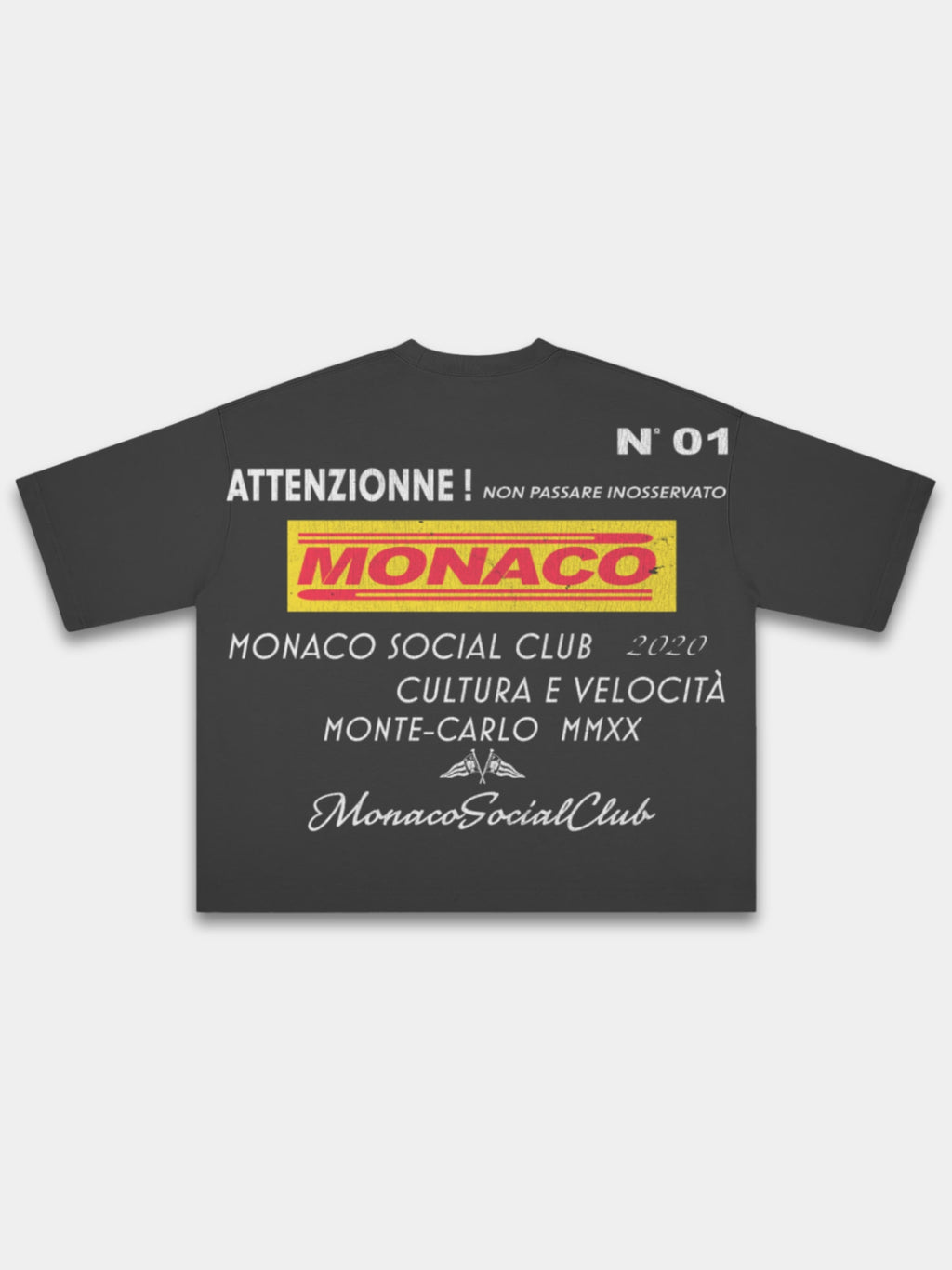 Monaco Trackside black boxy tee, back mockup with yellow MONACO panel and racing typography.