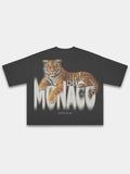 Monaco Tiger black heavyweight boxy tee, back view with tiger and white blurred wordmark.