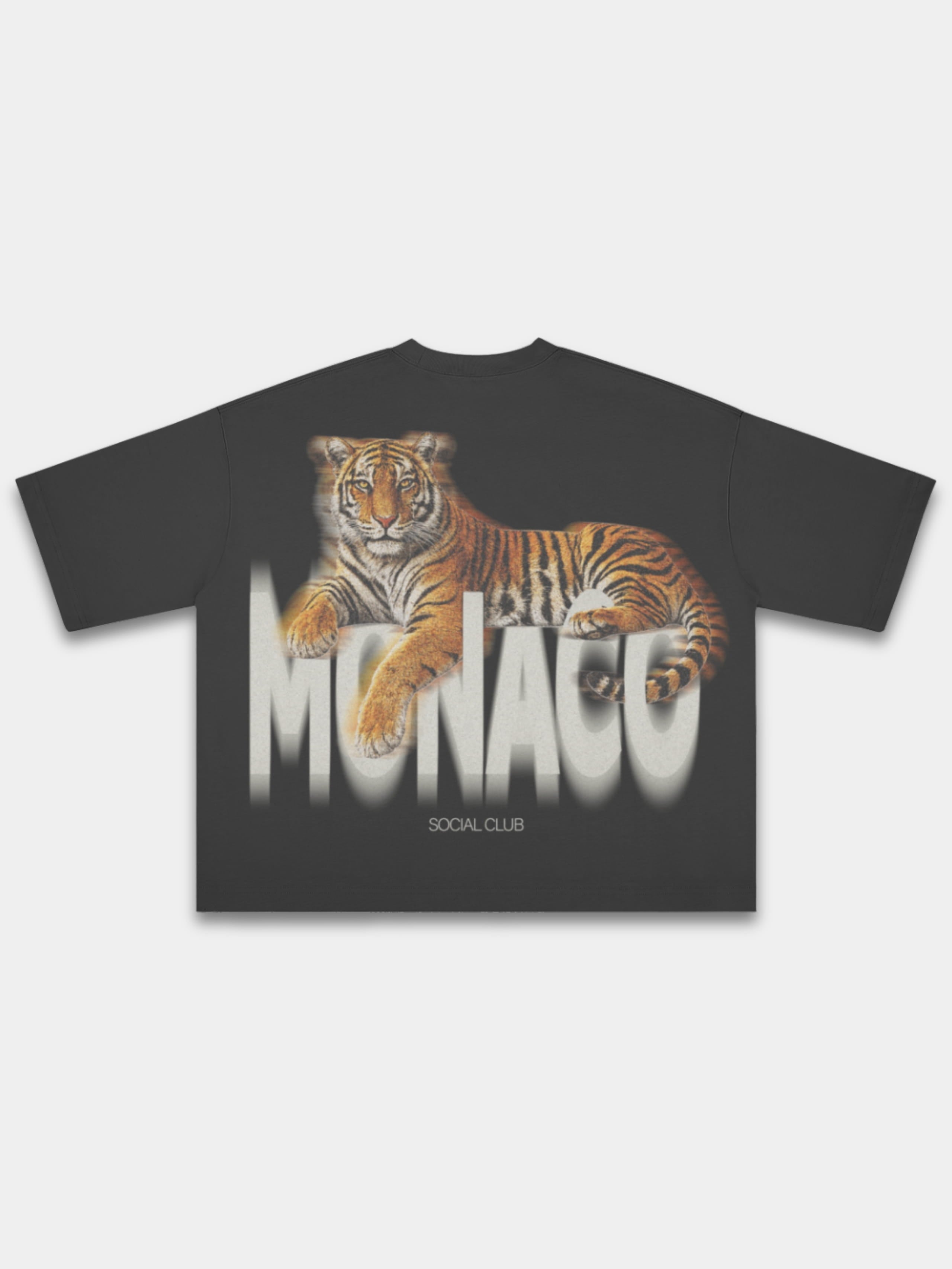 Monaco Tiger black heavyweight boxy tee, back view with tiger and white blurred wordmark.