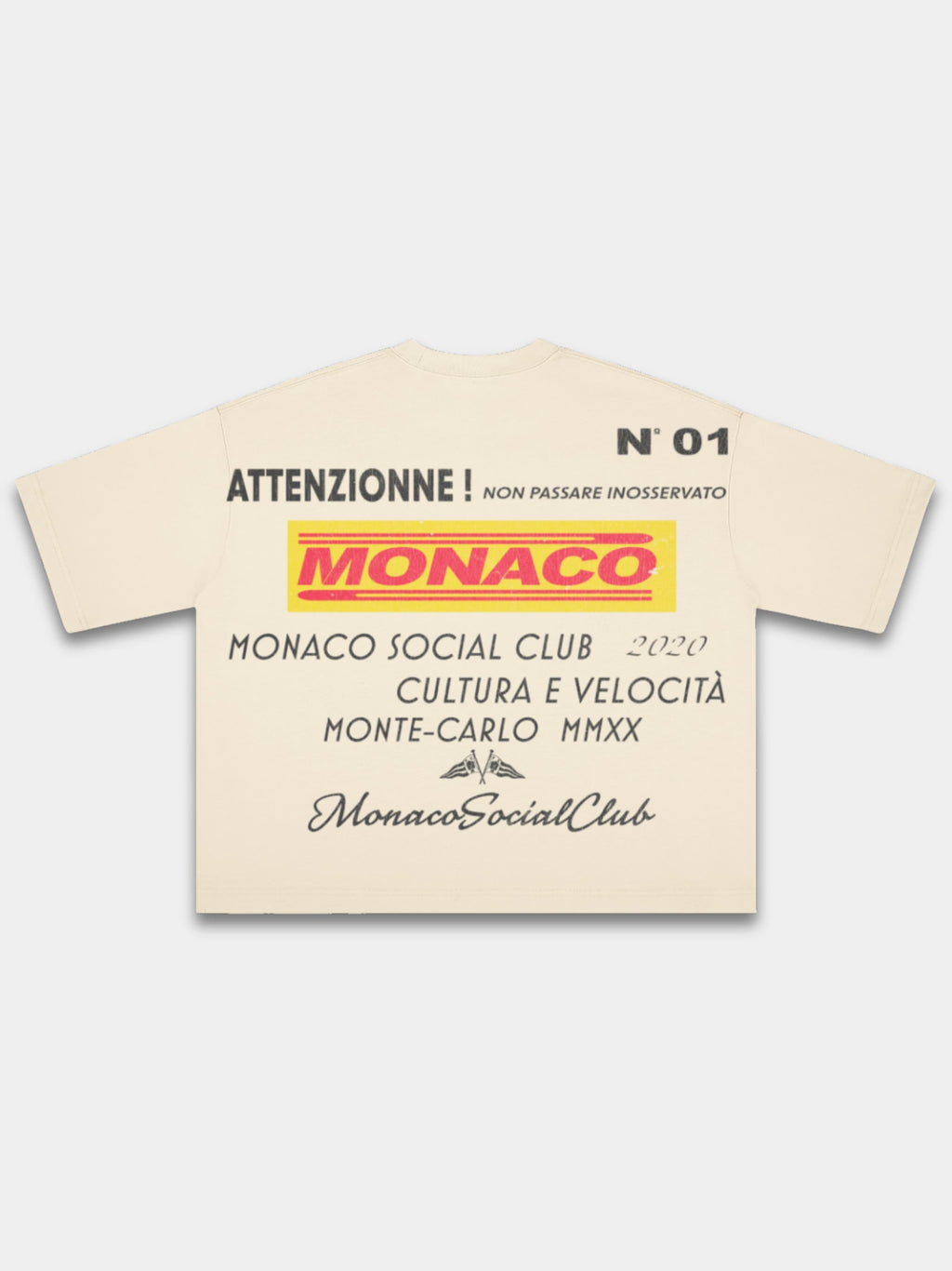 Ivory Trackside boxy tee, back view with layered motorsport text print and Monaco flag emblem.
