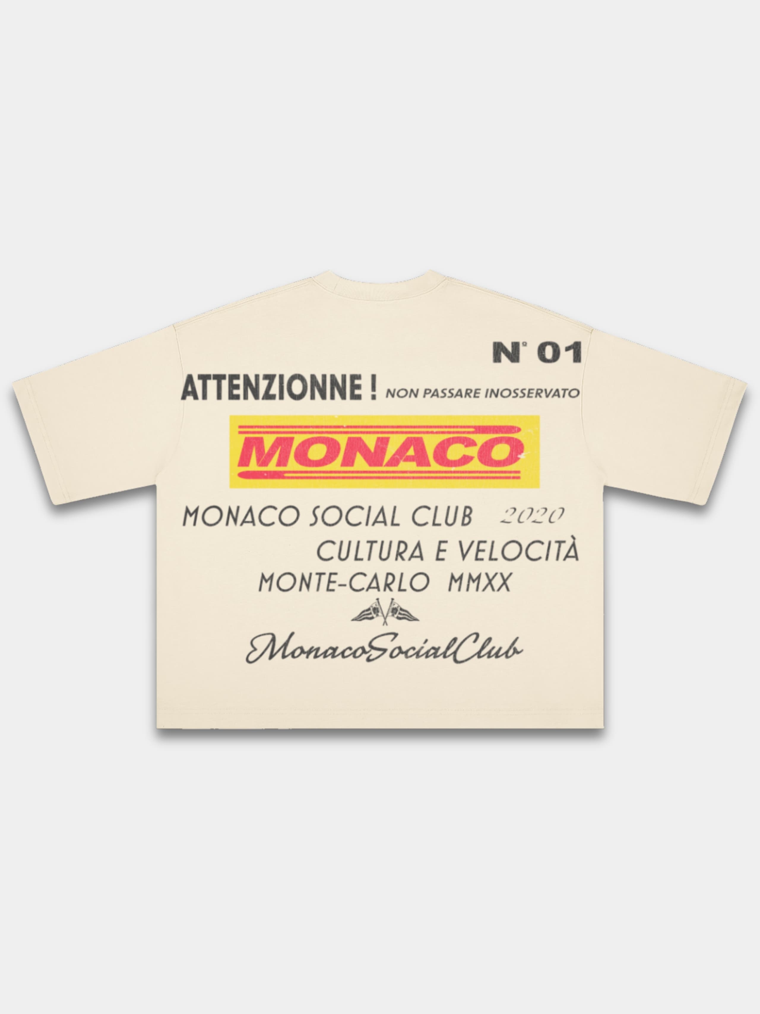 Ivory Trackside boxy tee, back view with layered motorsport text print and Monaco flag emblem.