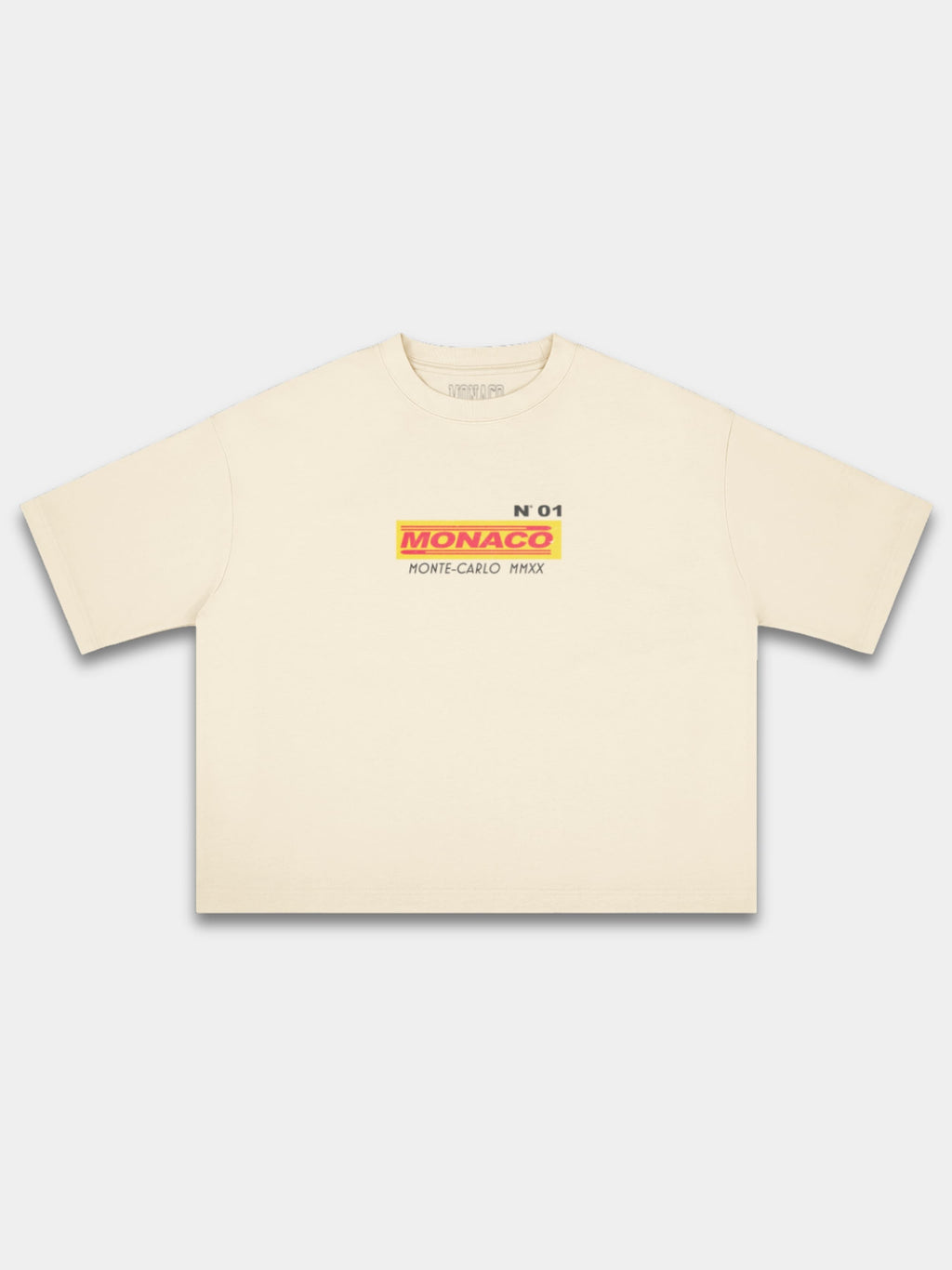Monaco Trackside ivory boxy tee, front view with red and yellow racing logo on chest.