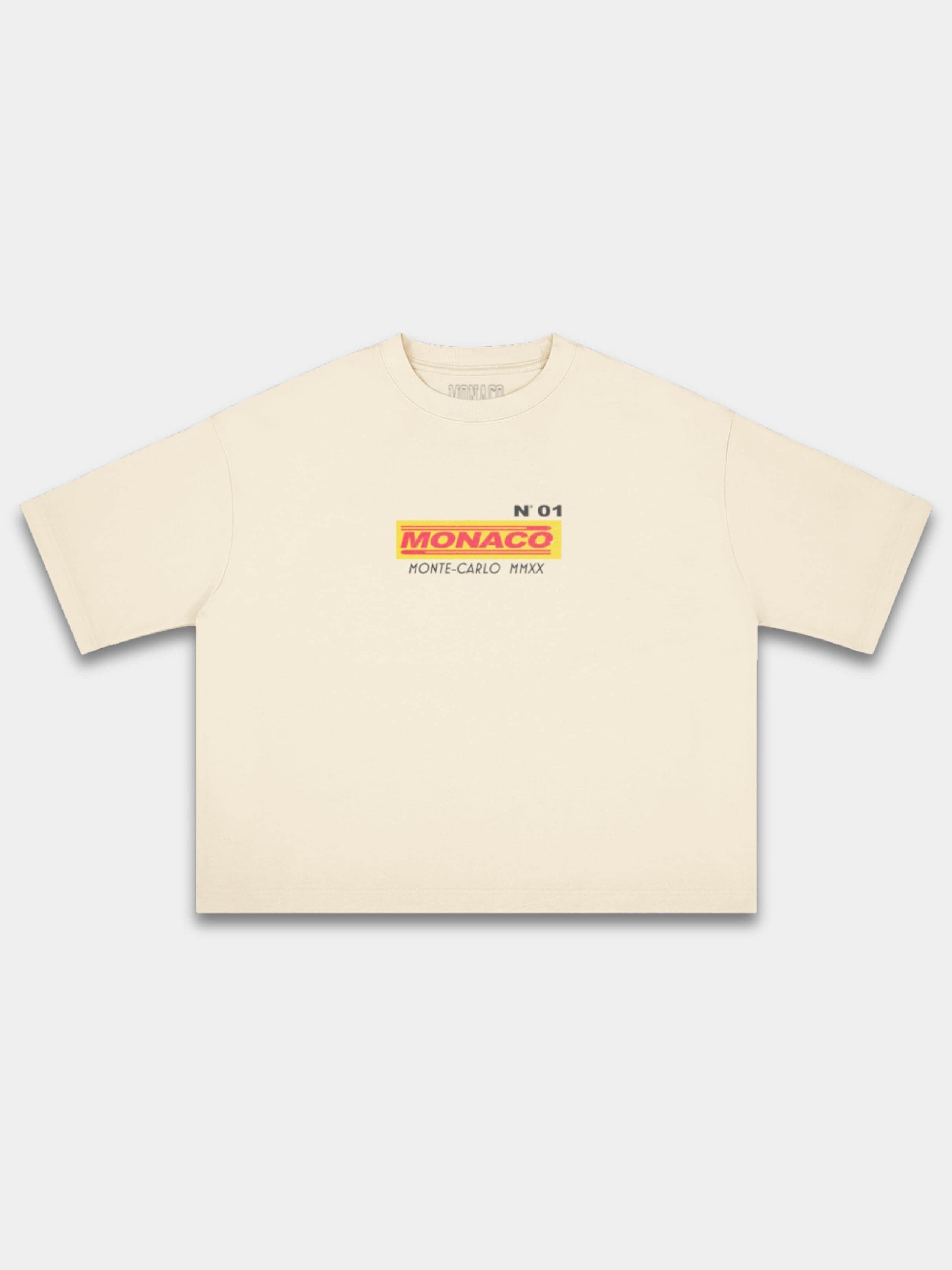 Monaco Trackside ivory boxy tee, front view with red and yellow racing logo on chest.