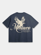 Spirit Of Rebels Heavyweight Tee in Midnight Navy with cream eagle and Monaco script back graphic — Monaco Social Club streetwear