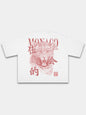 White Primal Instinct boxy tee by Monaco, back view with red leopard and brush-script graphic.