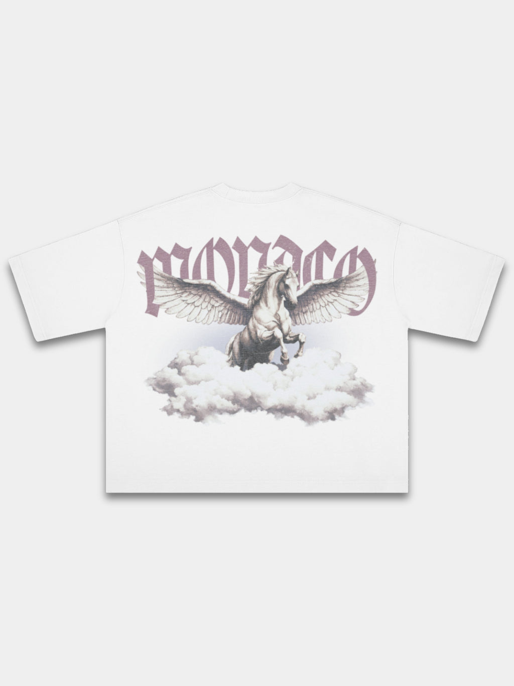 The Olympus Heavyweight Boxy Tee in White with Pegasus rising through clouds under gothic Monaco lettering — Monaco Social Club streetwear