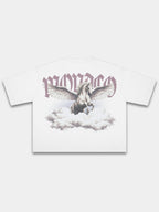 The Olympus Heavyweight Boxy Tee in White with Pegasus rising through clouds under gothic Monaco lettering — Monaco Social Club streetwear