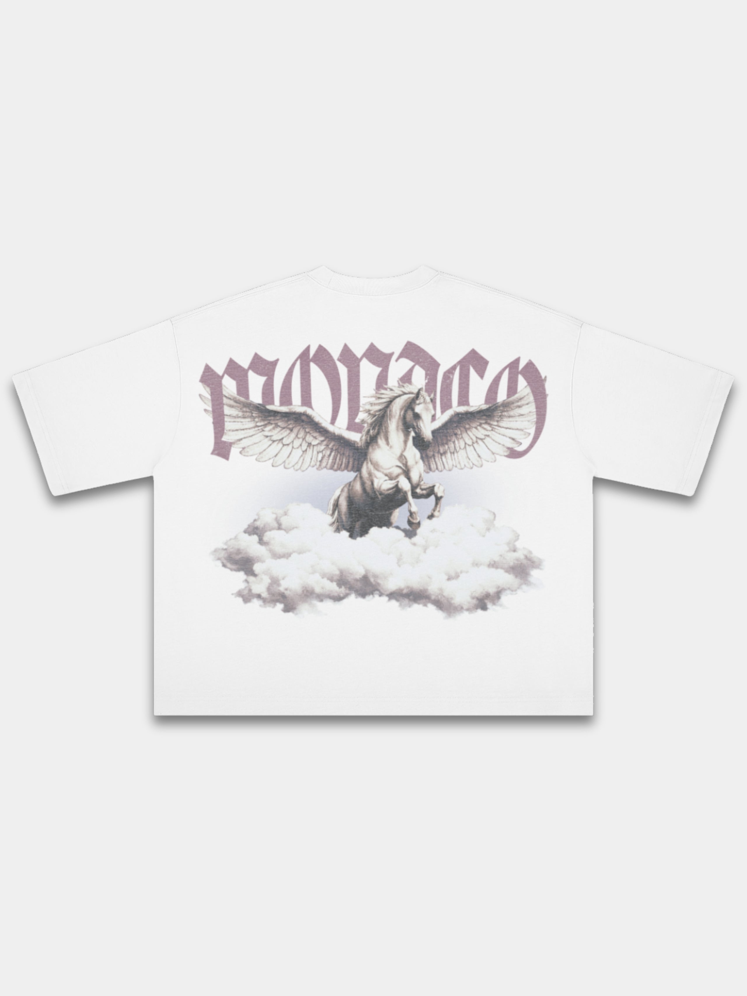 The Olympus Heavyweight Boxy Tee in White with Pegasus rising through clouds under gothic Monaco lettering — Monaco Social Club streetwear