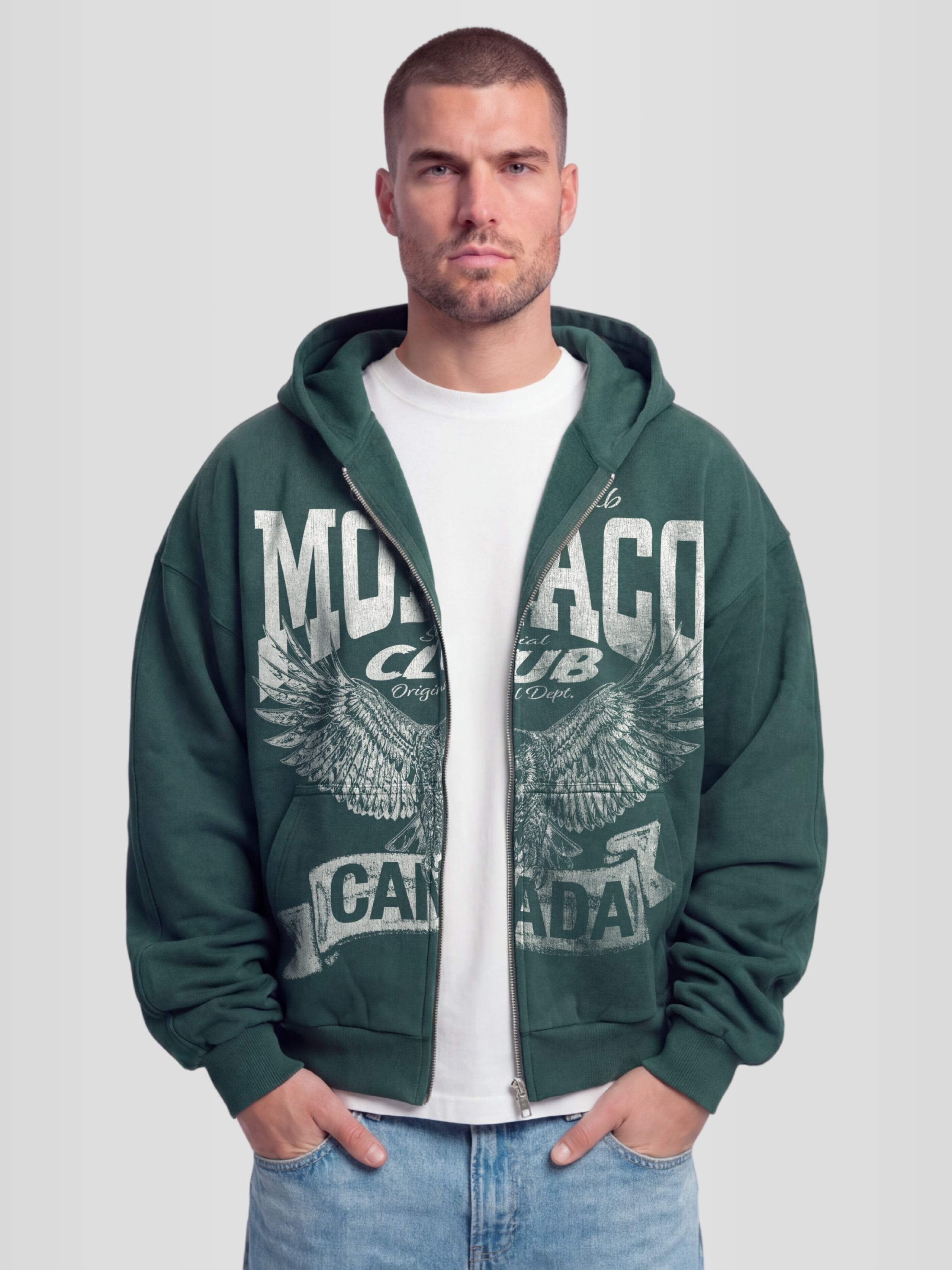 Man Wearing The Authentic Club Heavyweight Full-Zip Hoodie in Pine Green — Monaco Social Club streetwear