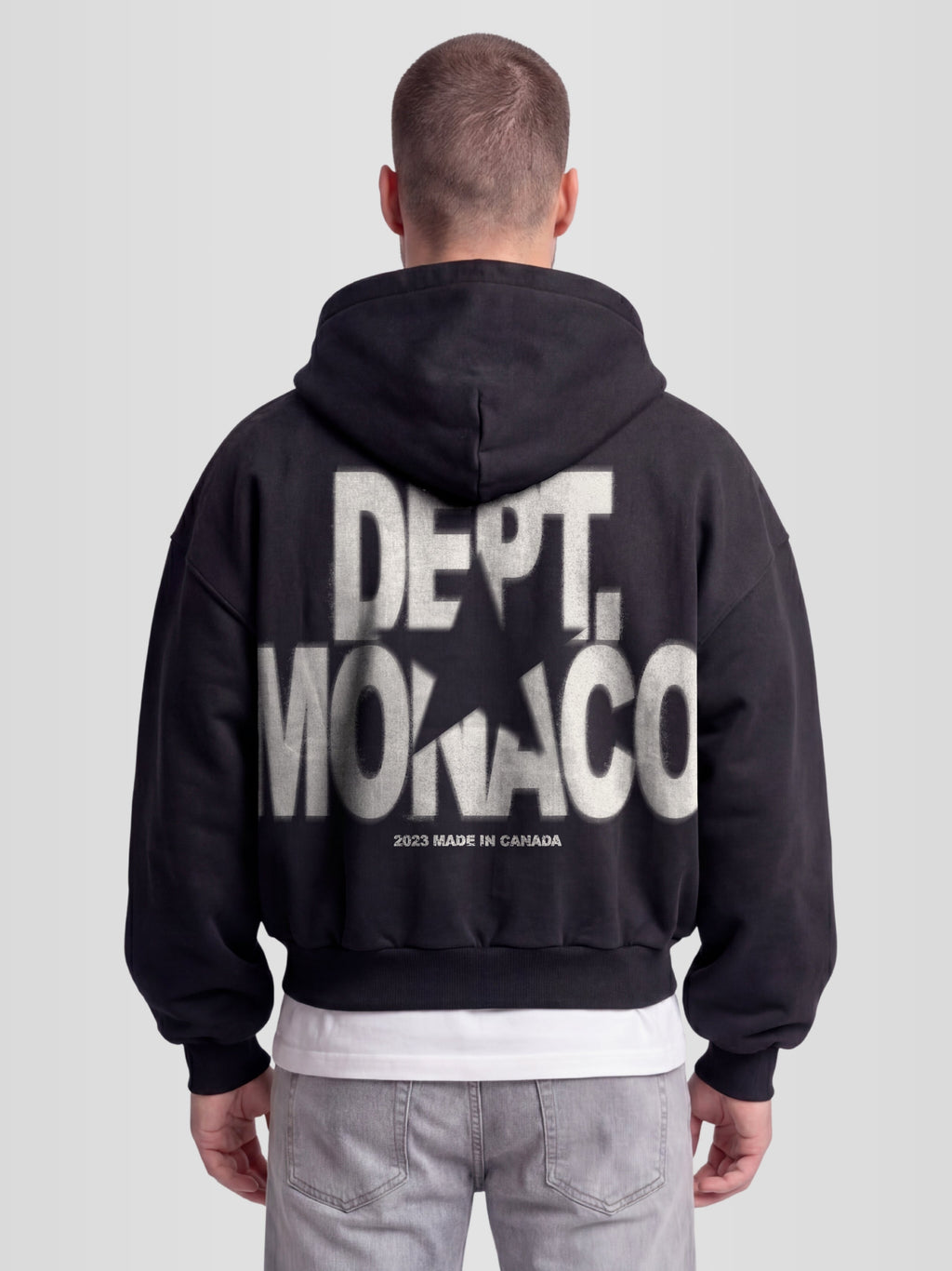 Blur Dept. Heavyweight Full-Zip Hoodie in Black with stacked Monaco typography and star graphic — Monaco Social Club streetwear