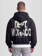 Blur Dept. Heavyweight Full-Zip Hoodie in Black with stacked Monaco typography and star graphic — Monaco Social Club streetwear