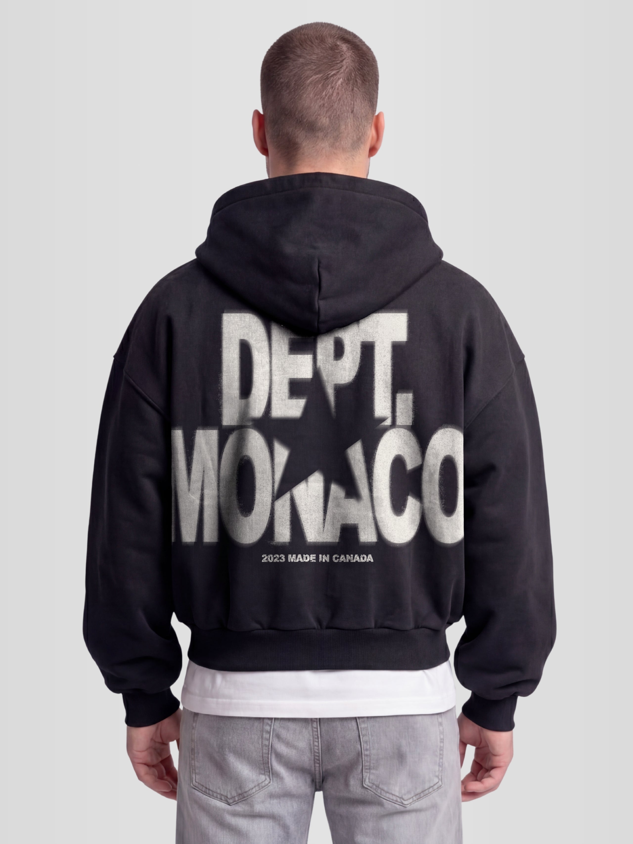 Blur Dept. Heavyweight Full-Zip Hoodie in Black with stacked Monaco typography and star graphic — Monaco Social Club streetwear