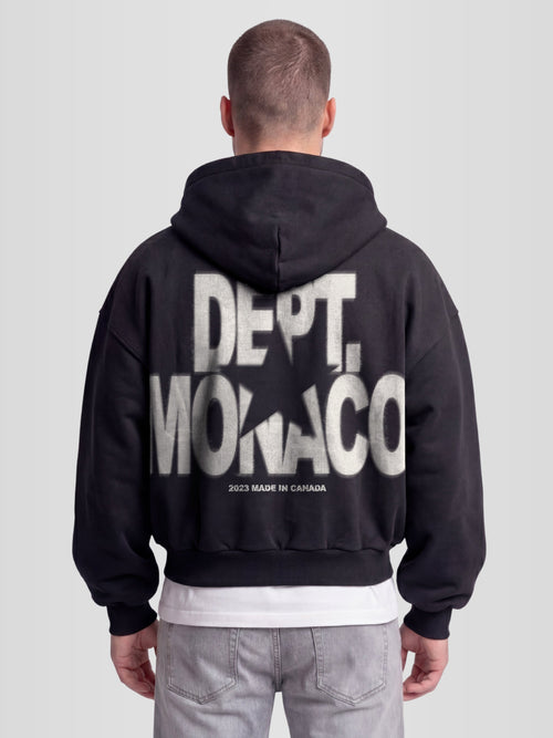 Blur Dept. Heavyweight Full-Zip Hoodie in Black with stacked Monaco typography and star graphic — Monaco Social Club streetwear