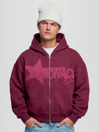Men model wearing the Monaco Dept. Heavyweight Full-Zip Hoodie in color merlot — Monaco Social Club streetwear.