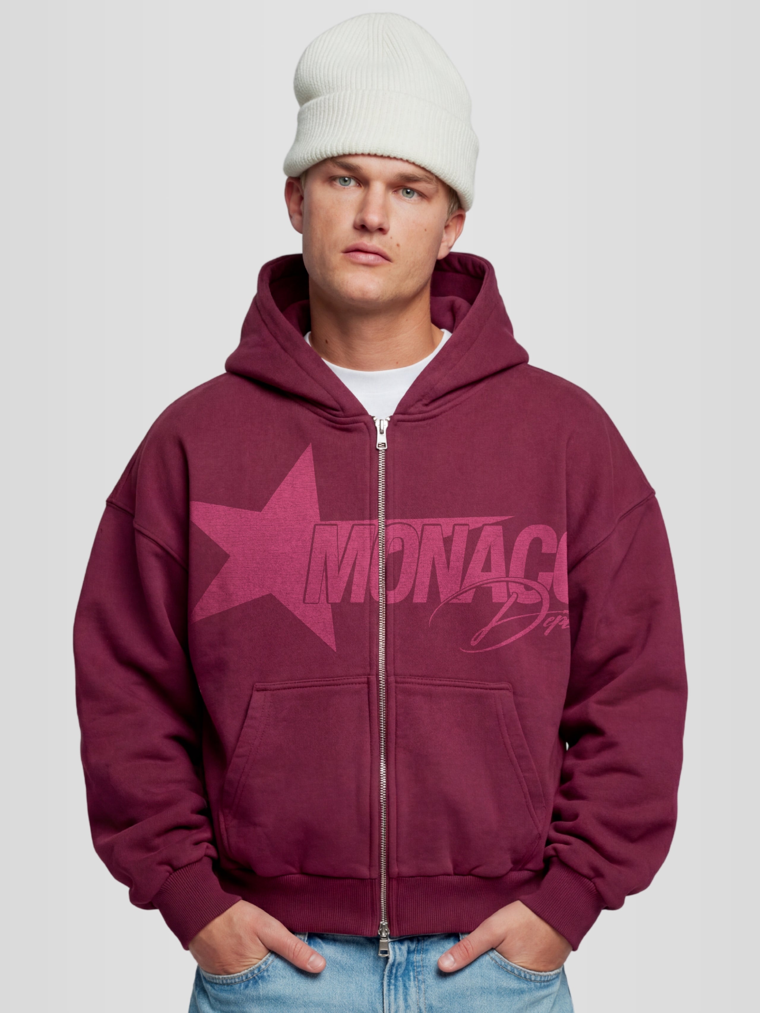 Men model wearing the Monaco Dept. Heavyweight Full-Zip Hoodie in color merlot — Monaco Social Club streetwear.